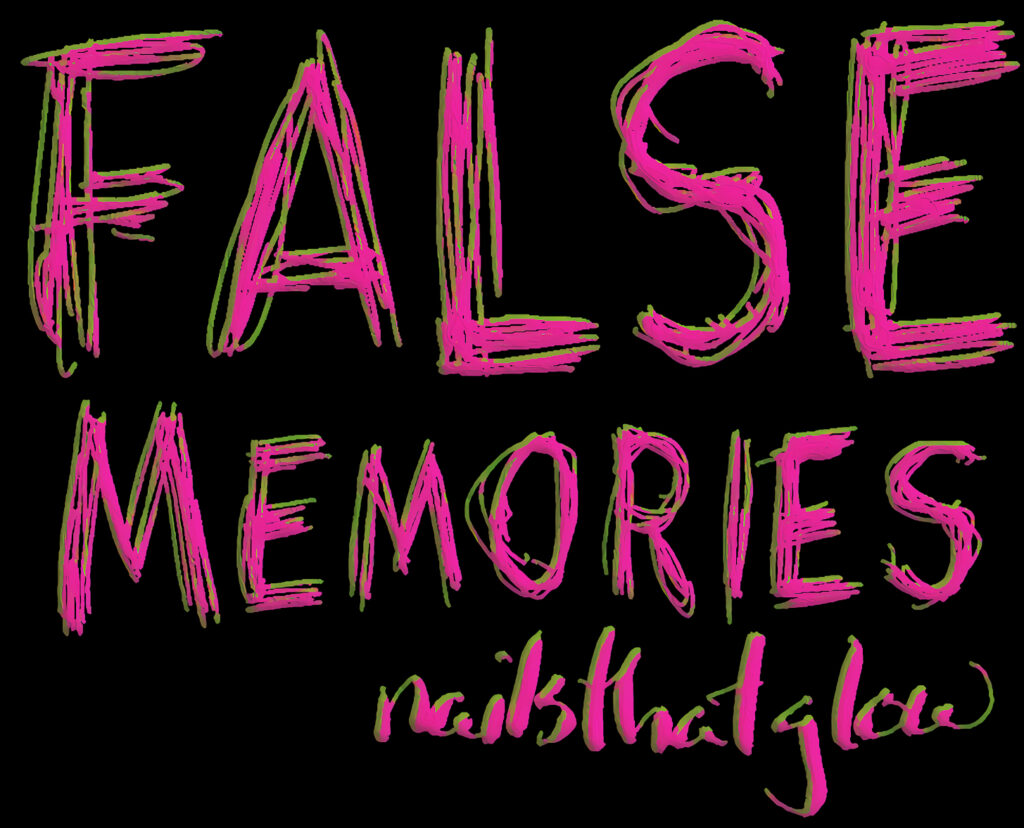 False Memories nailsthatglow logo in scribble line in pink and green